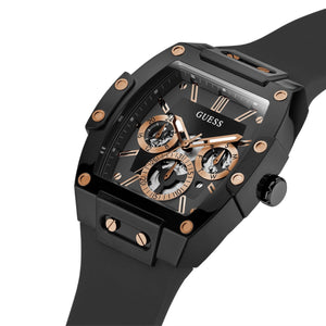 Left side perspective of the Guess GW0203G8 highlighting the durable black rubber strap