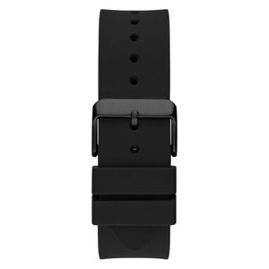 Black pin buckle on the black rubber strap of the Guess GW0203G8