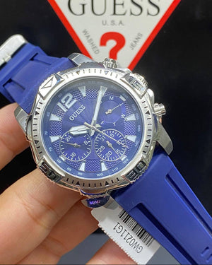 Authentic real-life photo of the Guess GW0211G1 showing actual silver shine and blue rubber color in Egypt