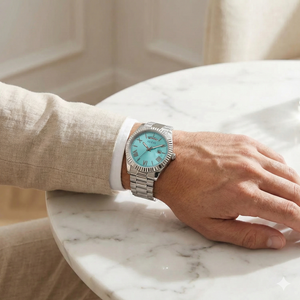 Male model wearing Guess GW0265G11 silver and tiffany watch with a formal suit