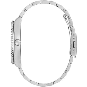 Left side perspective of the Guess GW0265G6 silver dial and link bracelet