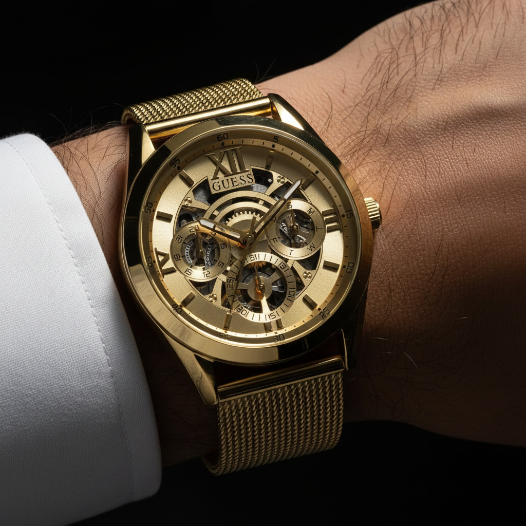Close up shot of Guess GW0368G2 on wrist highlighting the gold skeleton dial and roman numeral XII