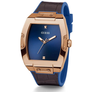 Angled view of the Guess GW0386G2 showing the barrel shape and bezel screws