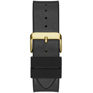 Gold-tone pin buckle on the black leather strap of the Guess GW0386G3