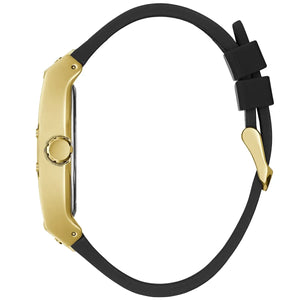 Detailed side view of the gold-tone crown on the Guess GW0386G3 case