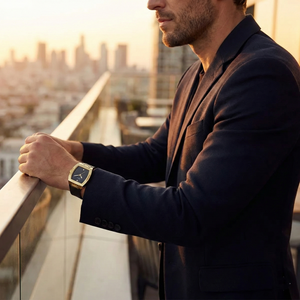 Male model wearing Guess GW0386G3 gold and black leather watch with a formal suit