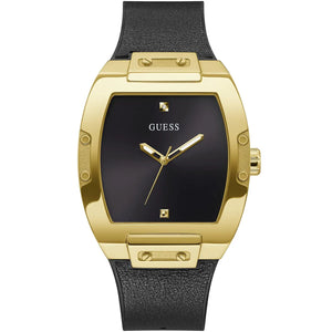 Guess Phoenix GW0386G3 men's watch with gold-tone barrel case and black leather strap