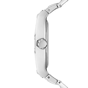 Angled view of Guess GW0387G1 showing the polished silver-tone barrel case
