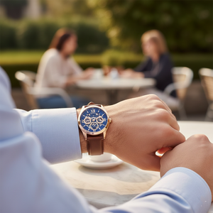 Male model wearing Guess GW0389G3 rose gold leather watch with a classic suit