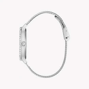 Side profile view of the slim 9mm silver case of the Guess GW0402L1