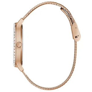 Side profile view of the slim 9mm rose gold case of the Guess GW0402L3