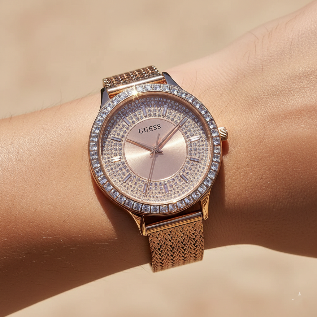 Close up shot of Guess GW0402L3 on wrist showing the glitz dial and baguette crystal bezel