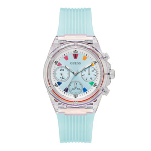 A GUESS women's chronograph watch with a translucent clear case, white dial with colorful triangular markers, and a light blue ribbed silicone strap, shown on a white background.