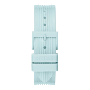 A light blue silicone watch strap with a matching buckle, featuring the GUESS brand name embossed on the center keeper, shown against a plain white background.
