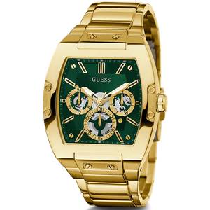 Angled view of Guess GW0456G3 showing the polished gold-tone barrel case