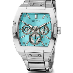 Angled view of Guess GW0456G4 showing the polished silver-tone barrel case