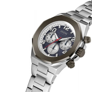Angled view of the Guess GW0489G1 highlighting the octagonal gunmetal bezel and integrated bracelet