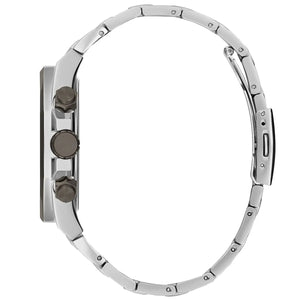 Side profile view of the 11.5mm silver and gunmetal case of the Guess GW0489G1