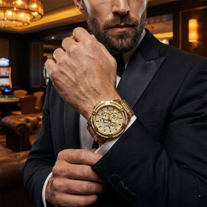 Male model wearing Guess GW0497G2 gold crystal watch with a high-end luxury outfit