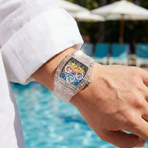 AI lifestyle shot of a man wearing the transparent and rainbow Guess Phoenix watch