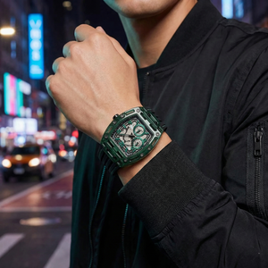 AI lifestyle shot of a man wearing the green transparent Guess Phoenix watch