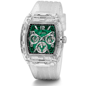 Angled view of Guess GW0499G8 showing the clear polycarbonate barrel case