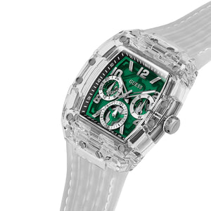 Side profile of Guess GW0499G8 highlighting the crown and transparent structure