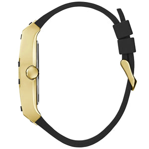 Left side view of the polished gold-tone stainless steel case of Guess GW0500G1