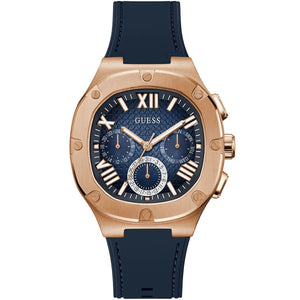 Guess Headline GW0571G2 men's watch with rose gold case and navy blue rubber strap