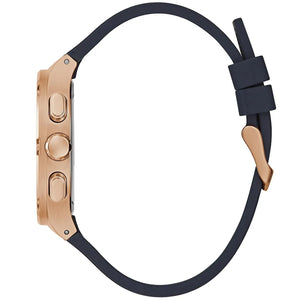 Side profile view of the 11mm rose gold case of the Guess GW0571G2