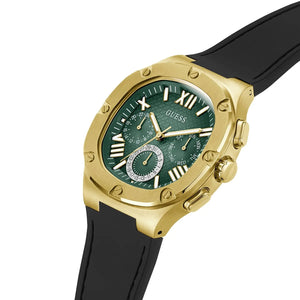 Left side perspective of the Guess GW0571G3 highlighting the durable black rubber strap