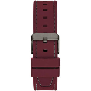 Gunmetal-tone pin buckle on the red rubber strap of the Guess GW0571G4