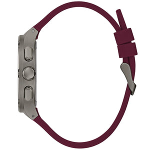 Detailed side view of the gunmetal crown and multifunction pushers on the Guess GW0571G4