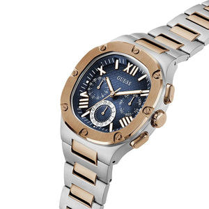 Left side perspective of the Guess GW0572G4 blue dial and two-tone link bracelet