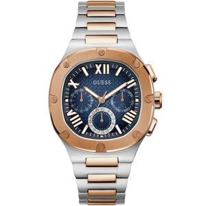 Guess Headline GW0572G4 men's watch with two-tone silver and rose gold bracelet and blue grid dial