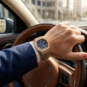 Male model wearing Guess GW0572G4 two-tone watch with a sharp modern suit