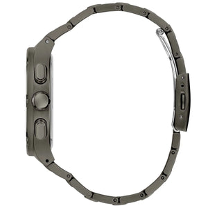 Left side view of the sleek gunmetal stainless steel case of Guess GW0572G5