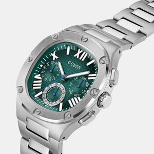 Angled view of Guess GW0572G6 showing the polished silver-tone cushion case