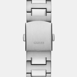 Close-up of the polished silver-tone stainless steel bracelet links on GW0572G6