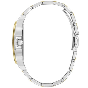 Left side view of the sleek two-tone stainless steel case of Guess GW0631G1