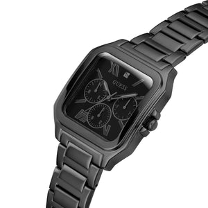 Left side perspective of the Guess GW0631G2 black dial and link bracelet