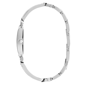 Side profile view of the 8mm slim silver stainless steel case of the Guess watch