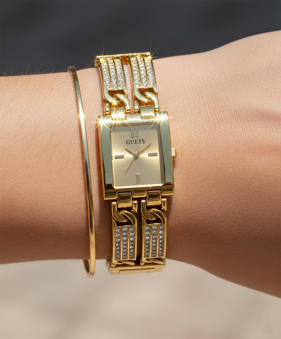 Close up shot of Guess GW0668L2 watch on wrist showing the sparkling crystal bars on the strap