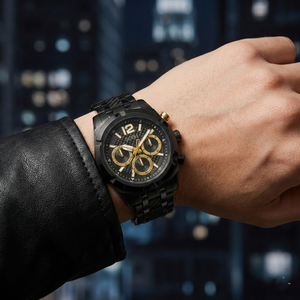 AI lifestyle shot of a man wearing the Guess GW0714G4 black and gold watch