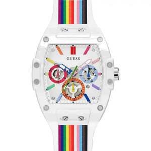 Guess GW0720G1 Phoenix Pride edition watch with white case and rainbow rubber strap