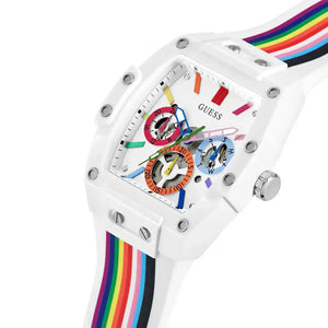 Side view of Guess GW0720G1 highlighting the white crown and rainbow strap detail