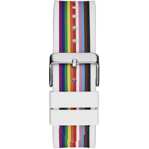 Close-up of the textured white rubber strap with rainbow stripe accents on GW0720G1