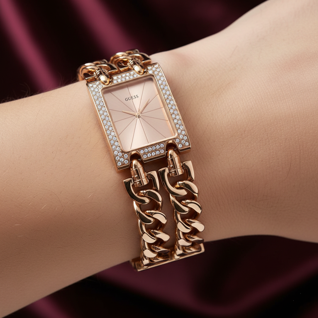 Close up shot of Guess W0072L3 watch on wrist showing the jewelry chain design and minimalist dial