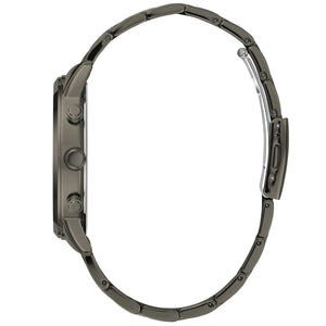 Side profile view of the 9mm slim gunmetal stainless steel case of the Guess Hendrix watch