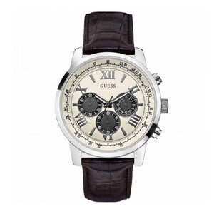 Front view of Guess Horizon W0380G1 watch with off-white dial and calfskin leather strap